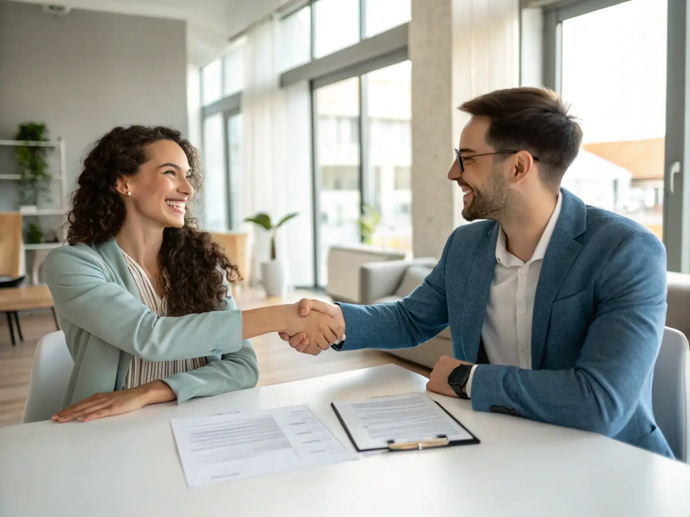 An image depicting a landlord shaking hands with an EvictionAssist representative, symbolizing a trustworthy and reliable partnership in handling eviction processes.
